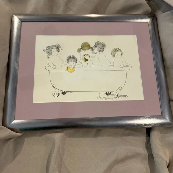 Cathe Physico signed Lithograph Bath Time 1980s Framed Matted - Picture 1 of 8